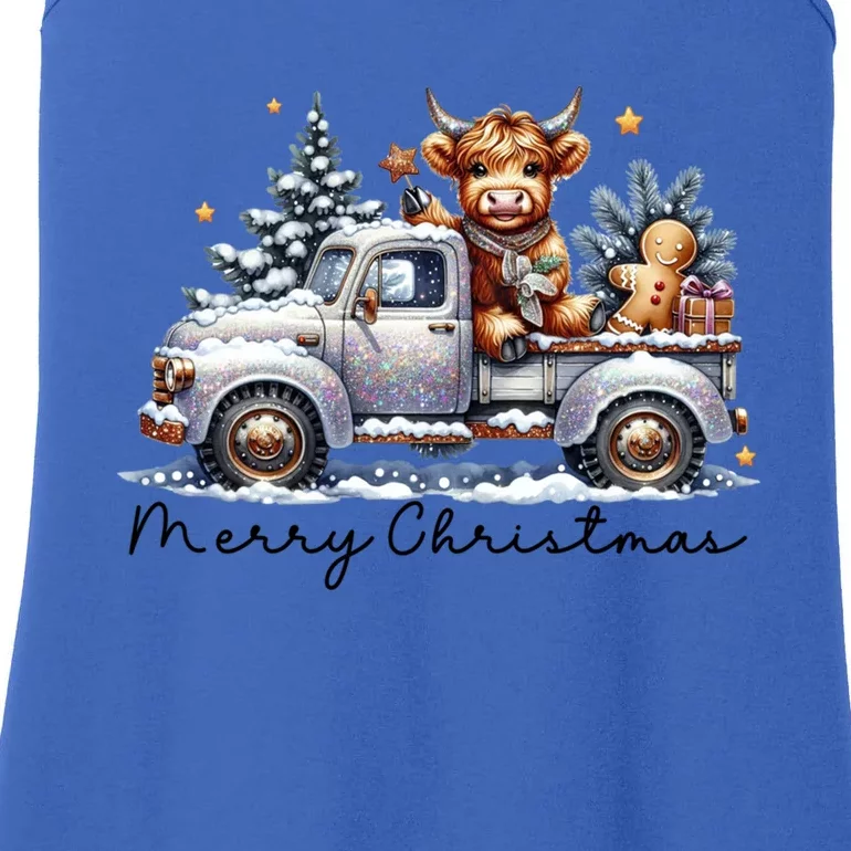 Merry Christmas Highland Cow Western Santa Hat Xmas Ladies Essential Tank