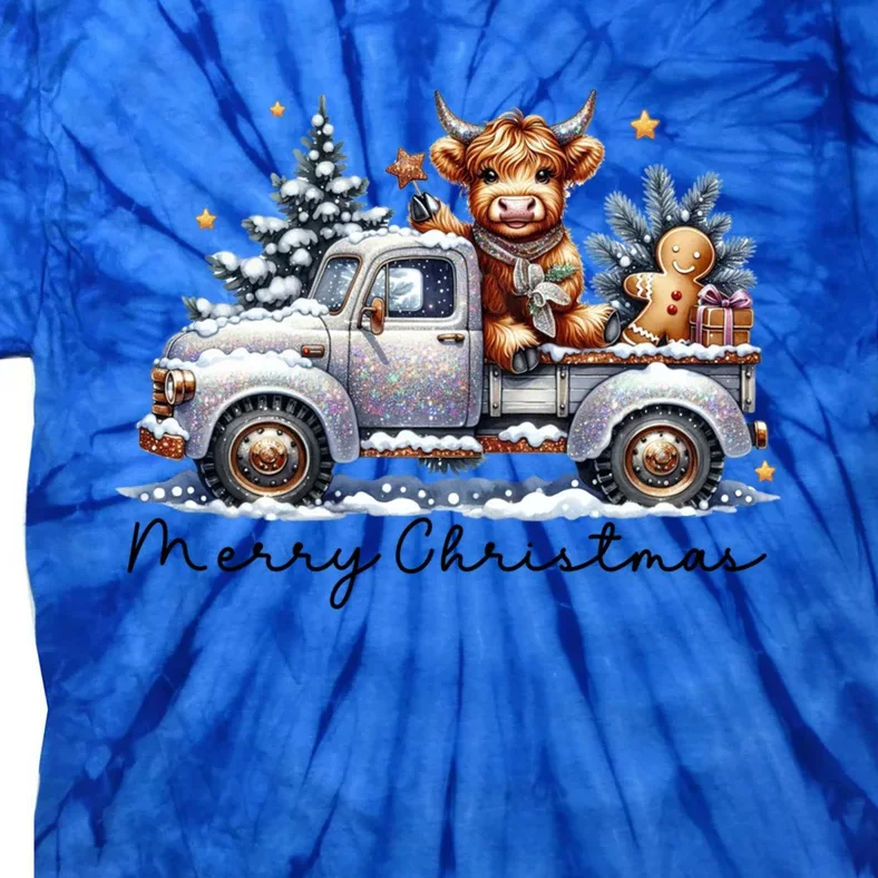 Merry Christmas Highland Cow Western Santa Hat Xmas Tie-Dye T-Shirt