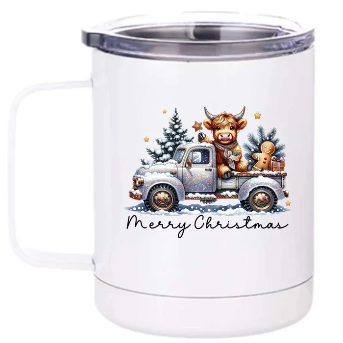 Merry Christmas Highland Cow Western Santa Hat Xmas Front & Back 12oz Stainless Steel Tumbler Cup