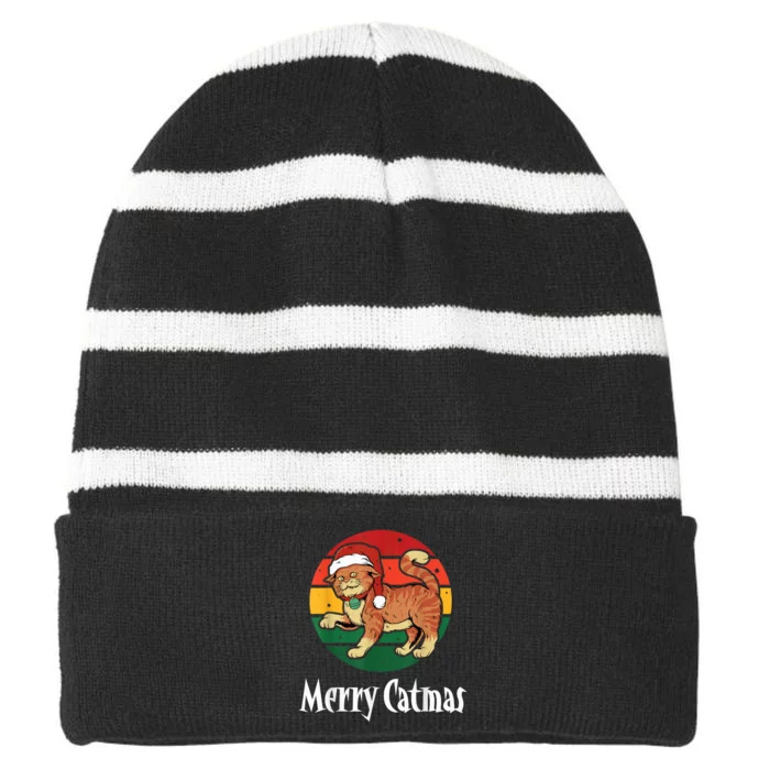 Merry Catmas Holiday Season Funny Christmas Cat Love Striped Beanie with Solid Band