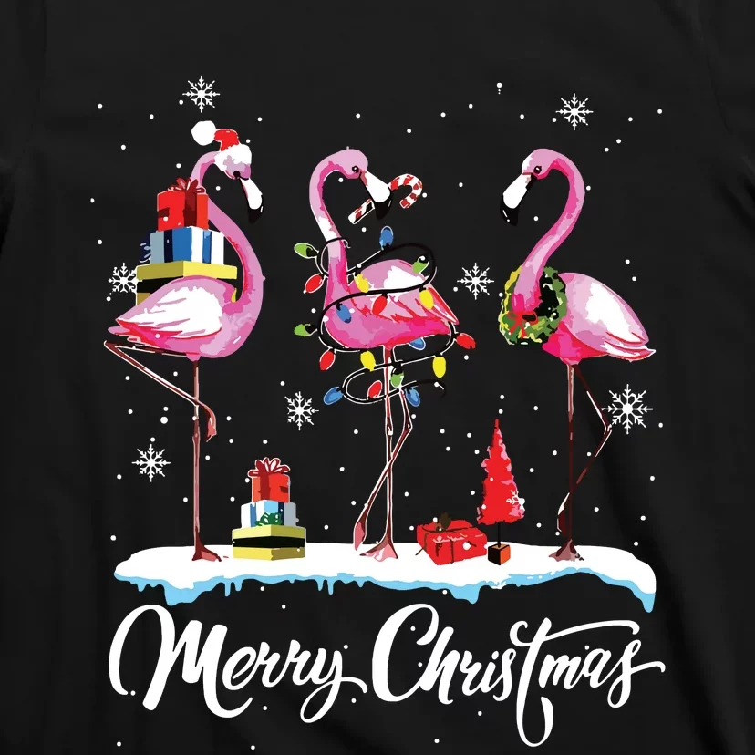 Merry Christmas Hat Santa Flamingo Light Snow Xmas Pajamas T-Shirt