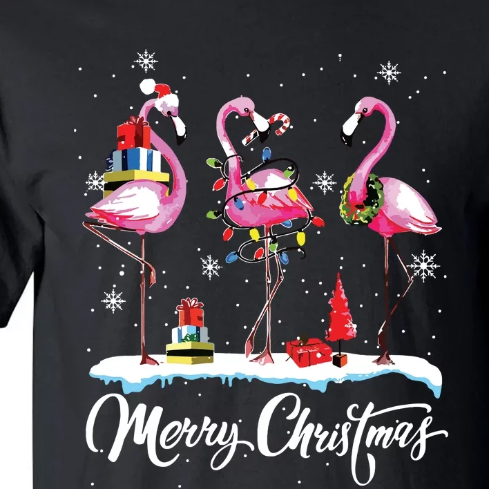 Merry Christmas Hat Santa Flamingo Light Snow Xmas Pajamas Tall T-Shirt