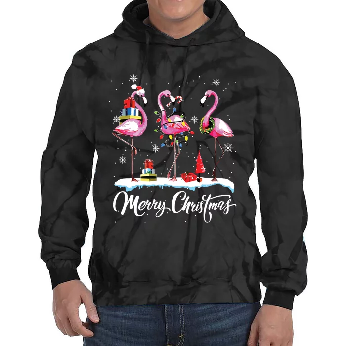 Merry Christmas Hat Santa Flamingo Light Snow Xmas Pajamas Tie Dye Hoodie