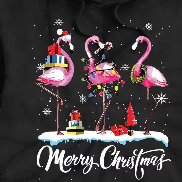 Merry Christmas Hat Santa Flamingo Light Snow Xmas Pajamas Tie Dye Hoodie