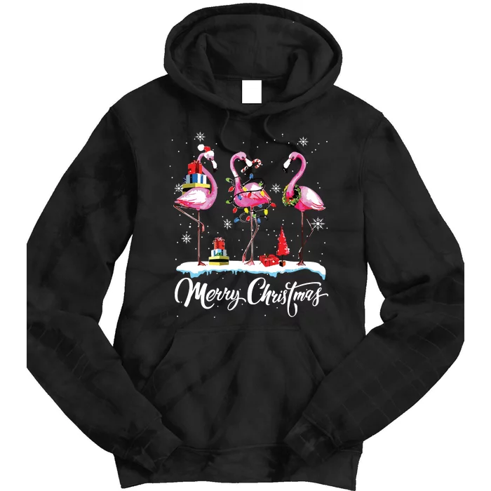 Merry Christmas Hat Santa Flamingo Light Snow Xmas Pajamas Tie Dye Hoodie