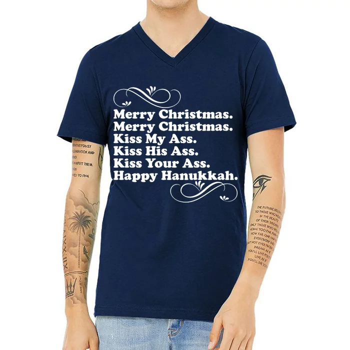 Merry Christmas Happy Hanukkah Funny Holiday V-Neck T-Shirt