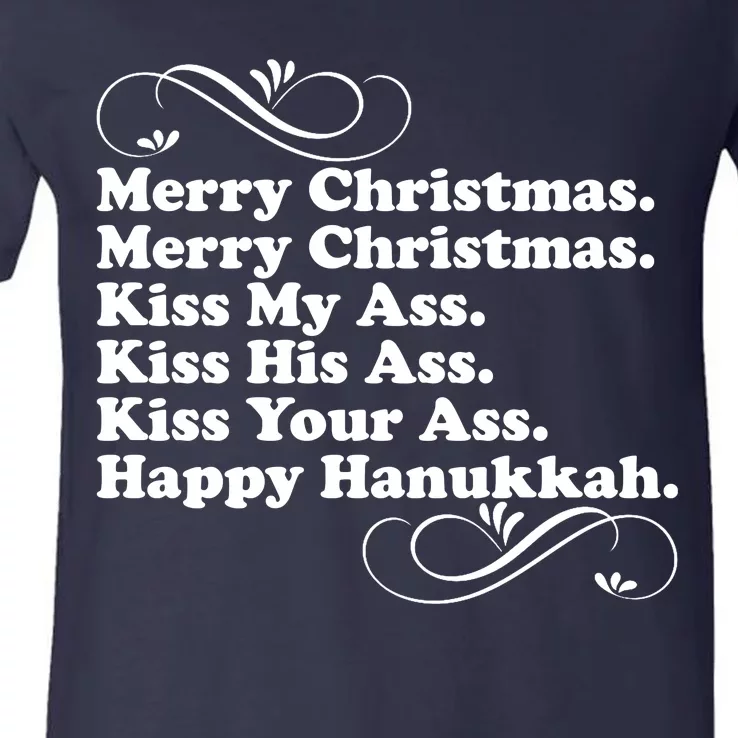 Merry Christmas Happy Hanukkah Funny Holiday V-Neck T-Shirt