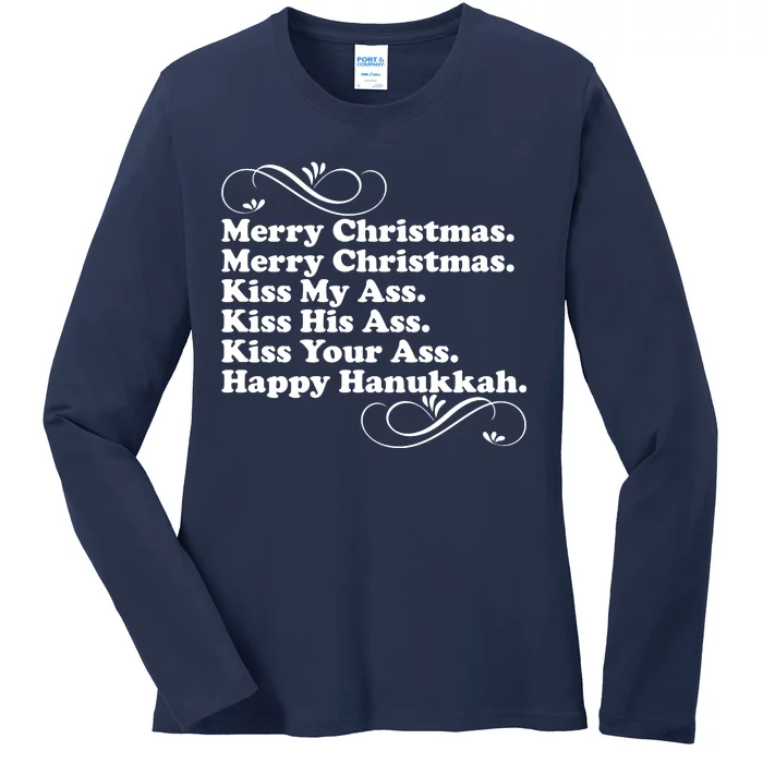 Merry Christmas Happy Hanukkah Funny Holiday Ladies Long Sleeve Shirt