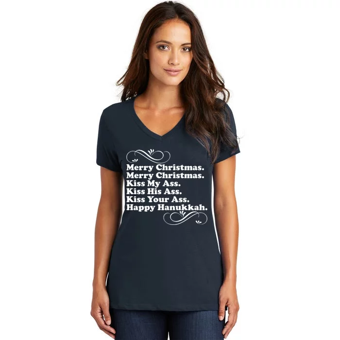 Merry Christmas Happy Hanukkah Funny Holiday Women's V-Neck T-Shirt