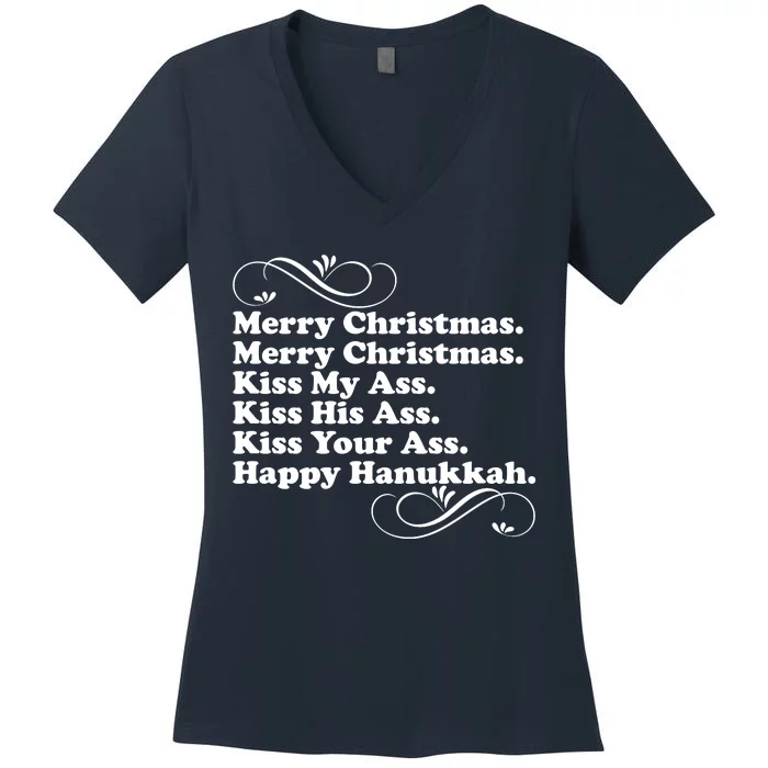 Merry Christmas Happy Hanukkah Funny Holiday Women's V-Neck T-Shirt