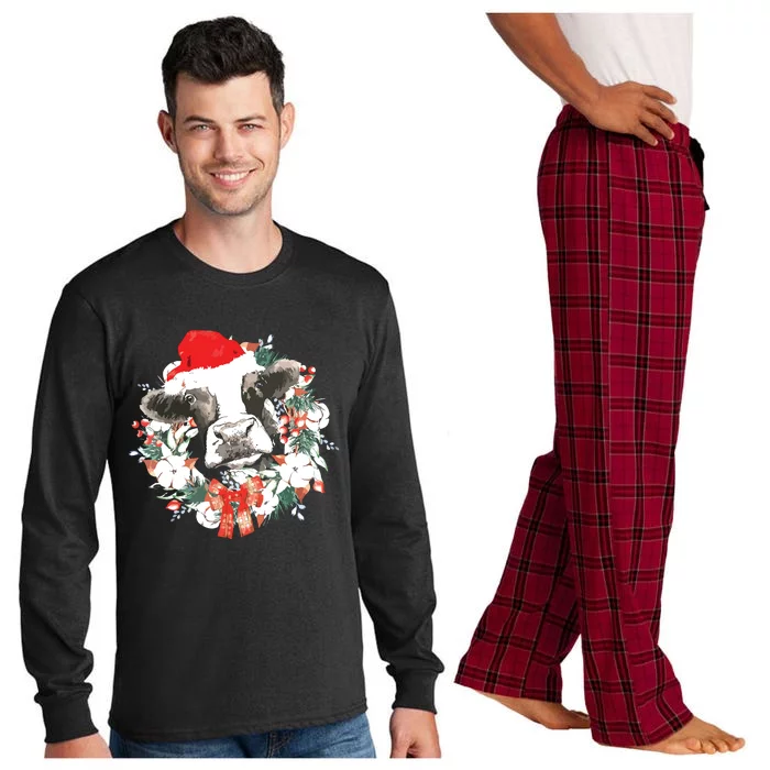 Merry Christmas Highland Cow Western Santa Hat Xmas Pajamas Long Sleeve Pajama Set