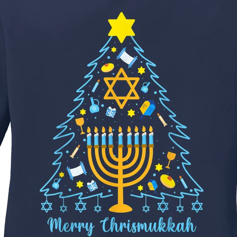 Merry Chrismukkah Happy Hanukkah Christmas Santa Hat Menorah Ladies Long Sleeve Shirt