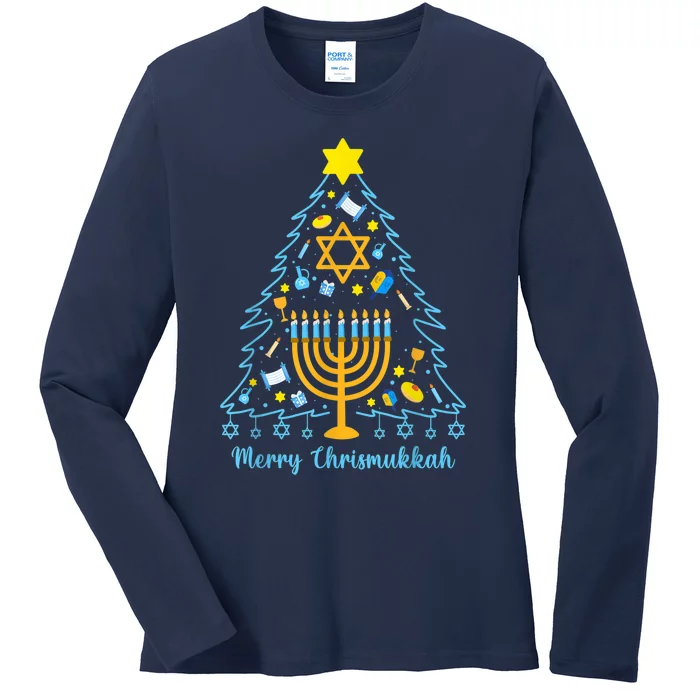 Merry Chrismukkah Happy Hanukkah Christmas Santa Hat Menorah Ladies Long Sleeve Shirt