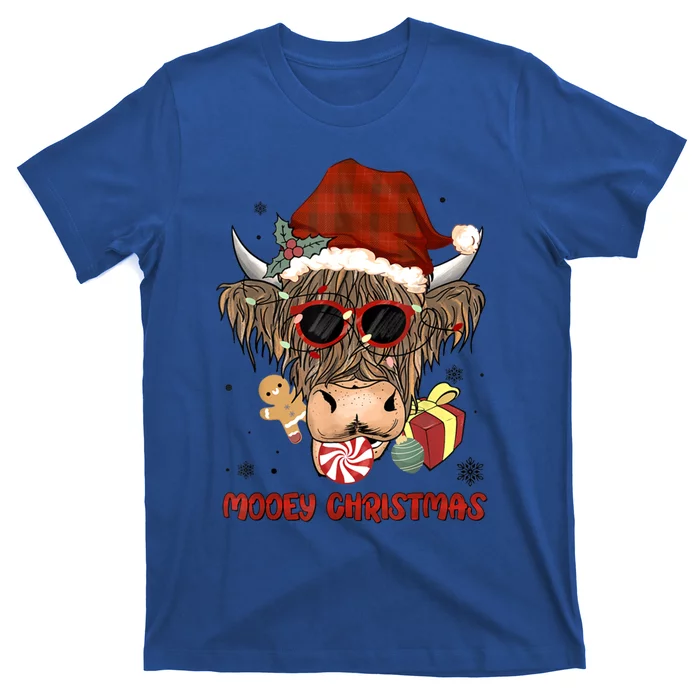 Mooey Christmas Hairy Highland Cow Xmas Light Santa Hat Gift T-Shirt