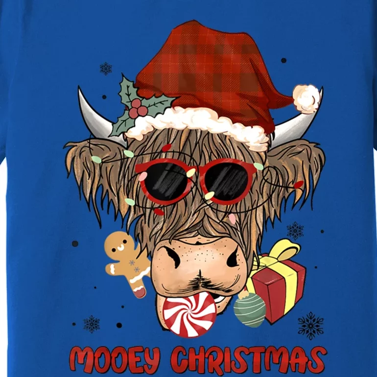 Mooey Christmas Hairy Highland Cow Xmas Light Santa Hat Gift Premium T-Shirt