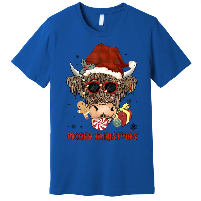 Mooey Christmas Hairy Highland Cow Xmas Light Santa Hat Gift Premium T-Shirt