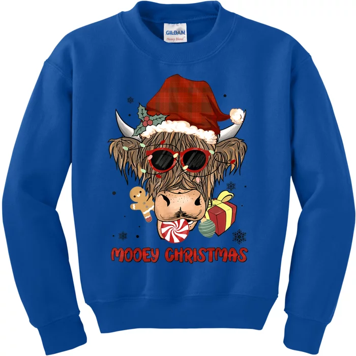 Mooey Christmas Hairy Highland Cow Xmas Light Santa Hat Gift Kids Sweatshirt