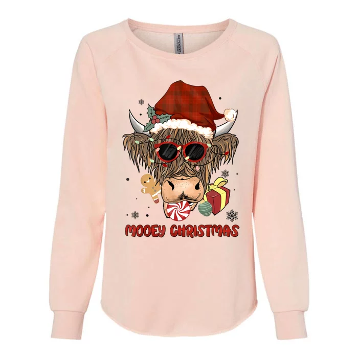 Mooey Christmas Hairy Highland Cow Xmas Light Santa Hat Gift Womens California Wash Sweatshirt