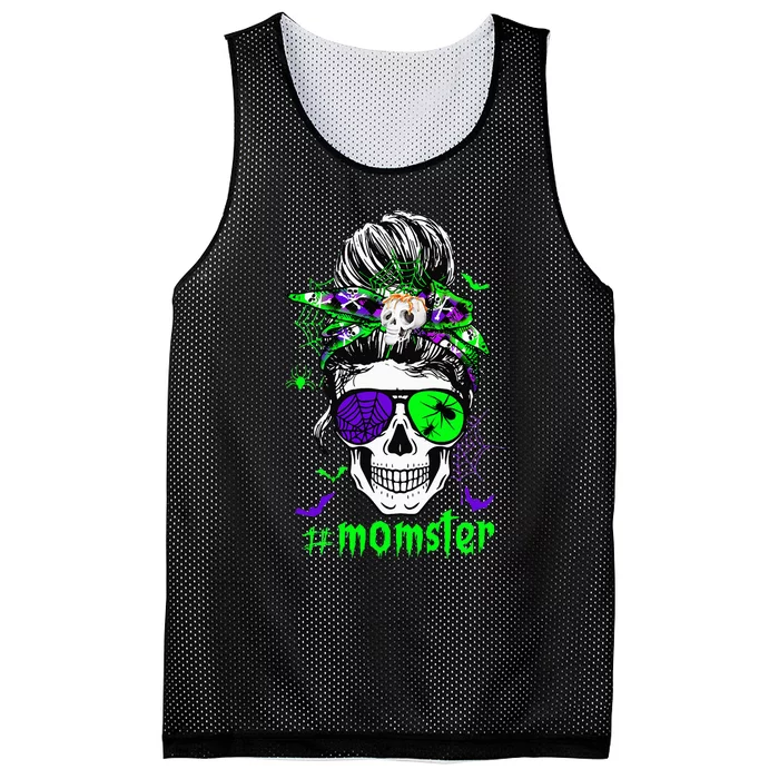 Momster Costume Halloween Skull Mom Messy Hair Bun Monster Mesh Reversible Basketball Jersey Tank