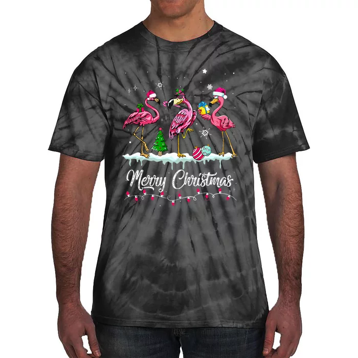 Merry Christmas Hat Santa Flamingo Snow Xmas Pajamas Tie-Dye T-Shirt