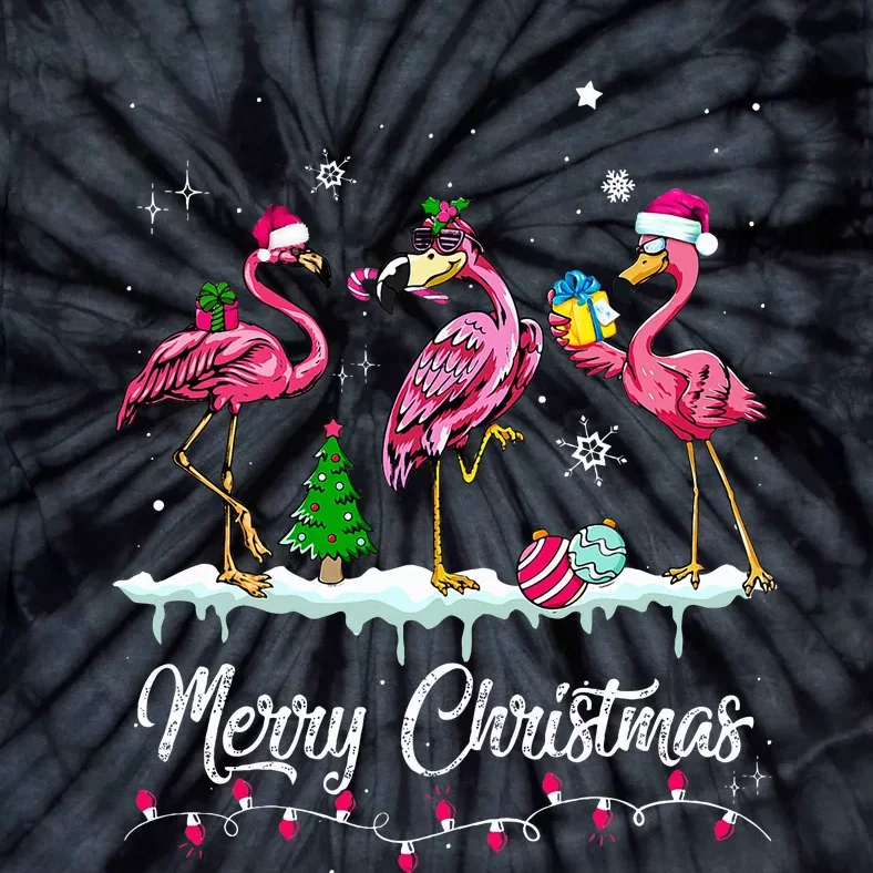 Merry Christmas Hat Santa Flamingo Snow Xmas Pajamas Tie-Dye T-Shirt