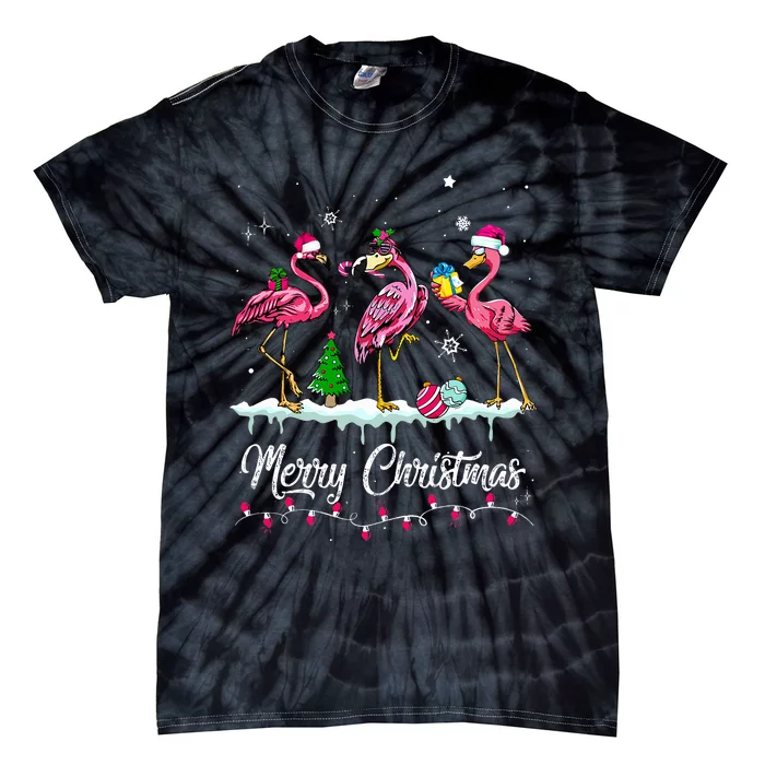 Merry Christmas Hat Santa Flamingo Snow Xmas Pajamas Tie-Dye T-Shirt