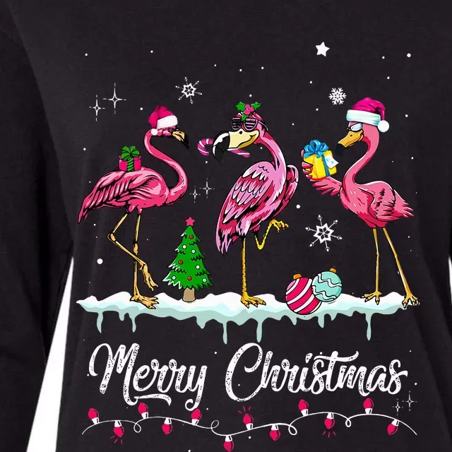 Merry Christmas Hat Santa Flamingo Light Snow Xmas Pajamas Womens Cotton Relaxed Long Sleeve T-Shirt