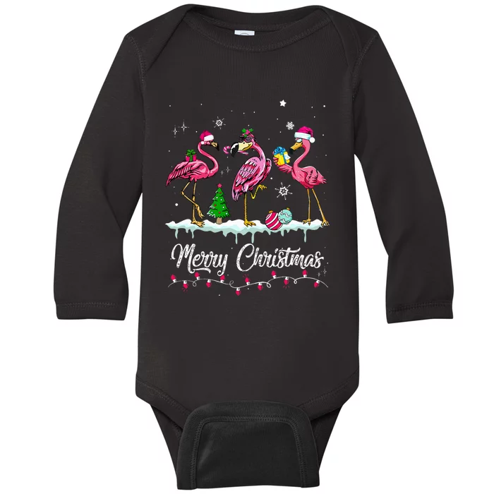 Merry Christmas Hat Santa Flamingo Light Snow Xmas Pajamas Baby Long Sleeve Bodysuit