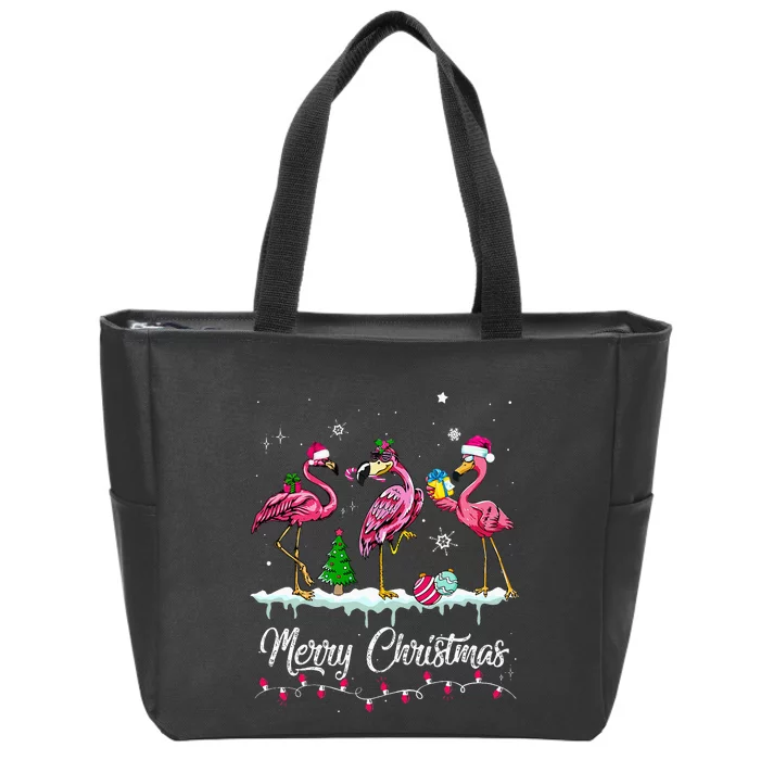 Merry Christmas Hat Santa Flamingo Light Snow Xmas Pajamas Zip Tote Bag