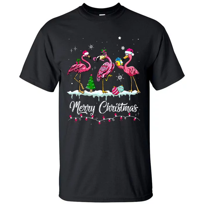 Merry Christmas Hat Santa Flamingo Snow Xmas Pajamas Tall T-Shirt