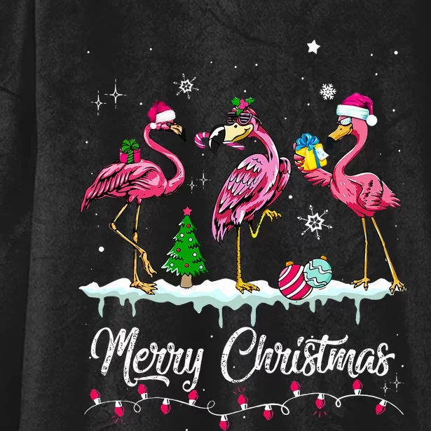 Merry Christmas Hat Santa Flamingo Snow Xmas Pajamas Hooded Wearable Blanket