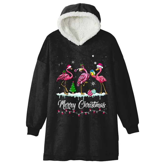 Merry Christmas Hat Santa Flamingo Snow Xmas Pajamas Hooded Wearable Blanket