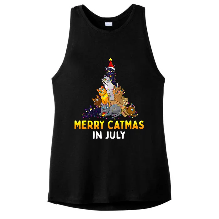 Merry Catmas In July Cute Cat Xmas Tree Ladies Tri-Blend Wicking Tank