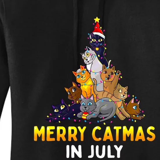 Merry Catmas In July Cute Cat Xmas Tree Women's Pullover Hoodie