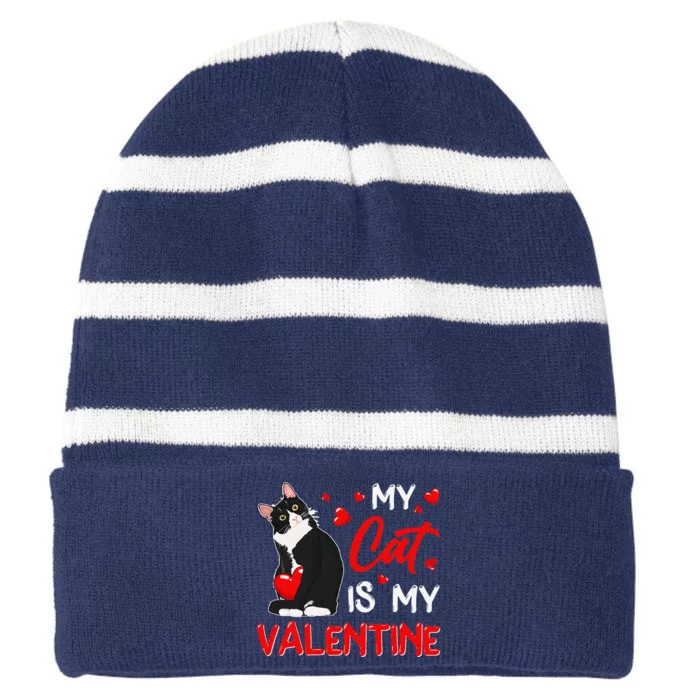 My Cat Is My Valentine Cute Valentine's Day Cat Dad Cat Mom Striped Beanie with Solid Band