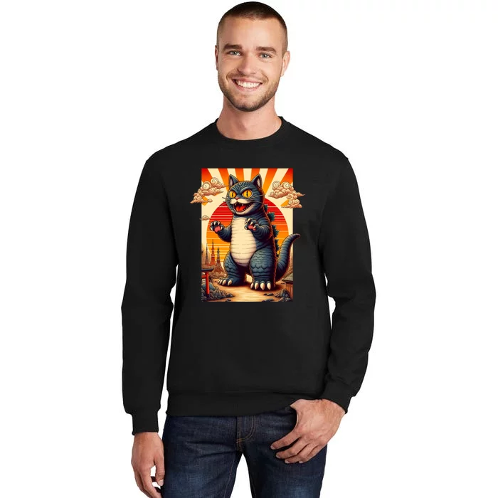 Monster Cat Japanese Art Vintage Retro Sunset Funny Cute Cat Tall Sweatshirt