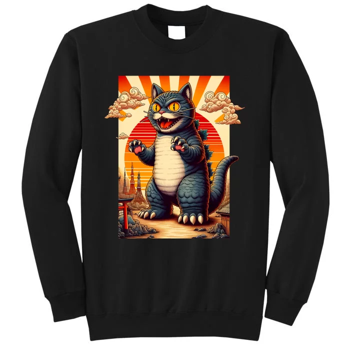 Monster Cat Japanese Art Vintage Retro Sunset Funny Cute Cat Tall Sweatshirt