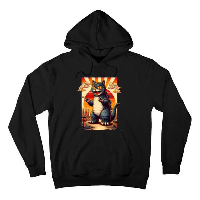 Monster Cat Japanese Art Vintage Retro Sunset Funny Cute Cat Tall Hoodie