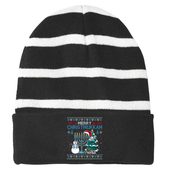 Merry Christmukkah Jewish Hanukkah Christmas Ugly Striped Beanie with Solid Band