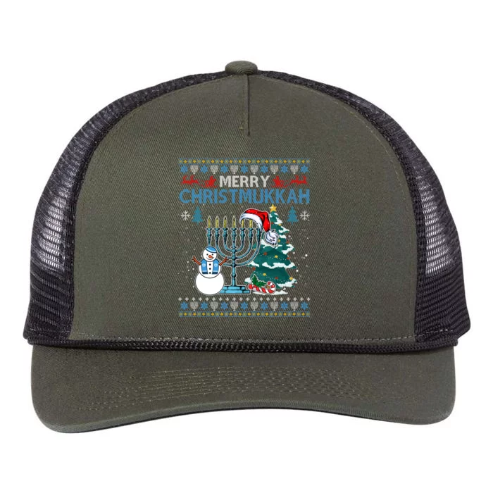 Merry Christmukkah Jewish Hanukkah Christmas Ugly Retro Rope Trucker Hat Cap