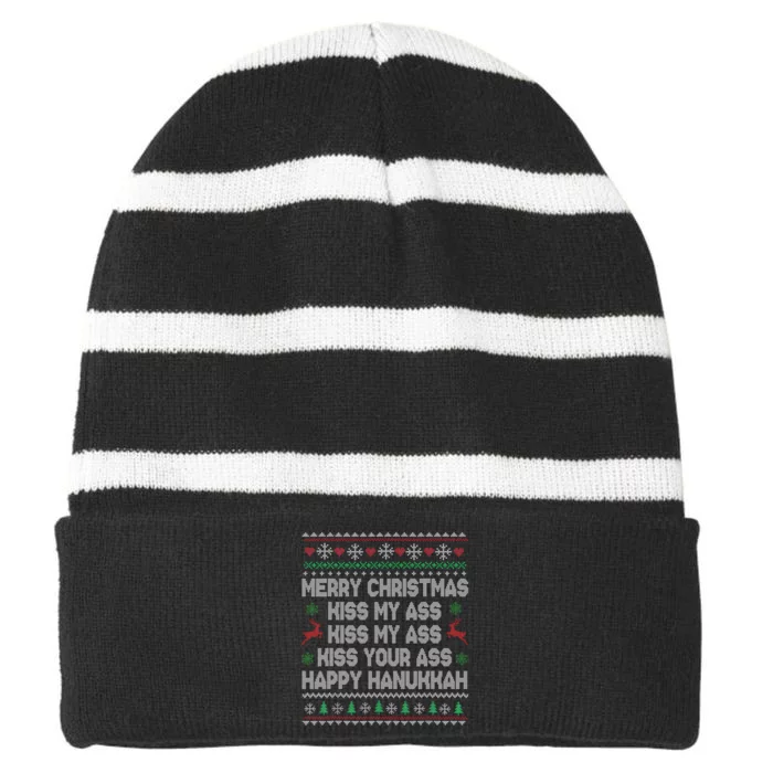 Merry Christmas Kiss My Ass His Ass Your Ass Happy Hanukkah Striped Beanie with Solid Band