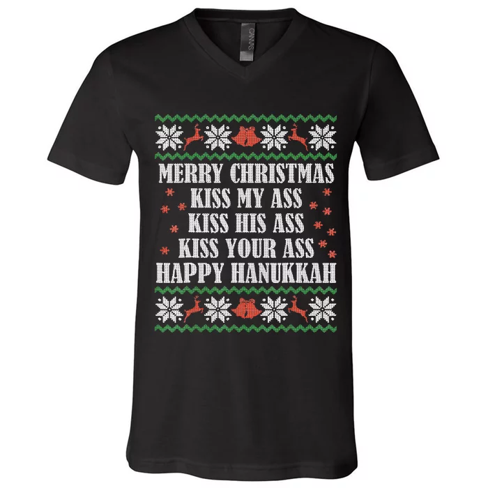 Merry Christmas K.iss My Ass His Ass Your Ass Happy Hanukkah V-Neck T-Shirt