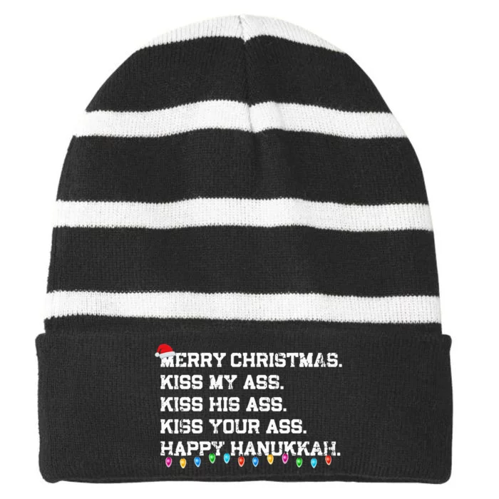 Merry Christmas Ki.ss My Ass His Ass Your Ass Happy Hanukkah Striped Beanie with Solid Band