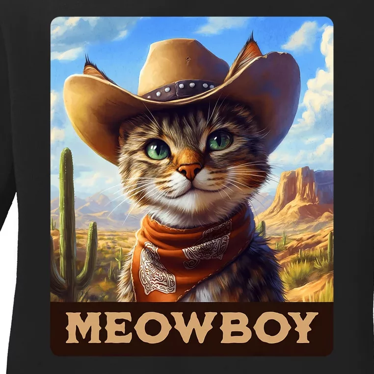 Meowboy Cowboy Kitten Western Whiskers Cat Ladies Long Sleeve Shirt