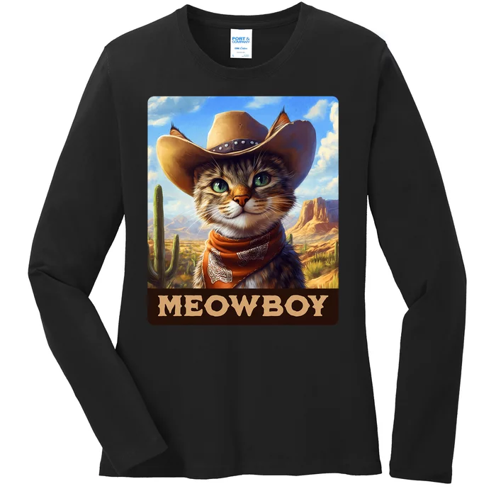 Meowboy Cowboy Kitten Western Whiskers Cat Ladies Long Sleeve Shirt