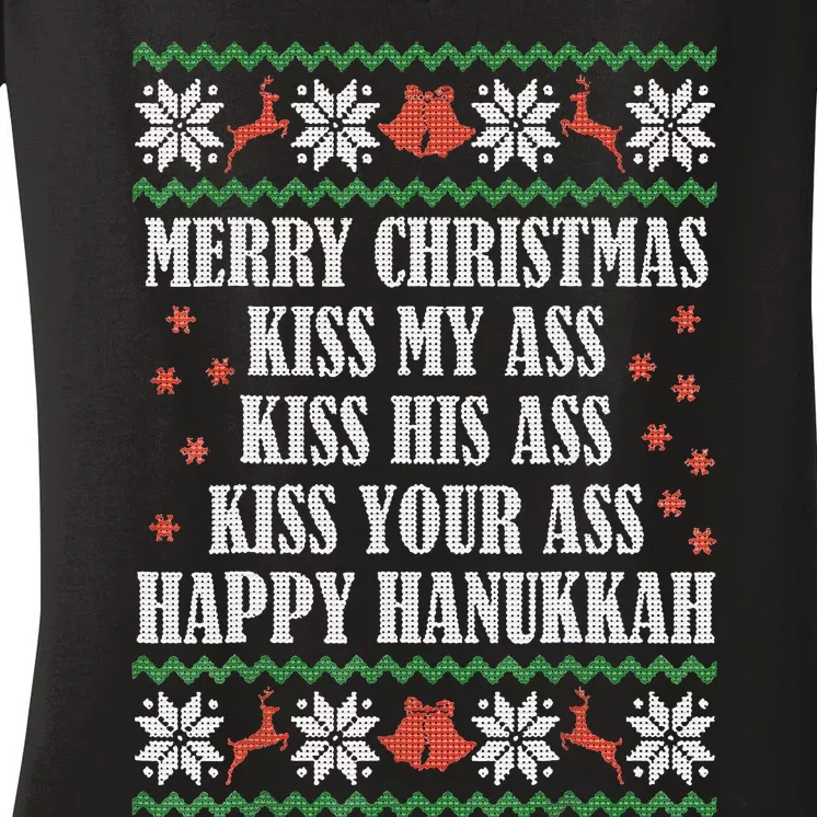 Merry Christmas kissing My Ass His Ass Your Ass Happy Hanukkah Women's V-Neck T-Shirt