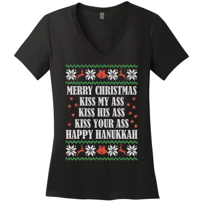 Merry Christmas kissing My Ass His Ass Your Ass Happy Hanukkah Women's V-Neck T-Shirt