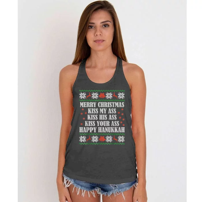 Merry Christmas Kiss My Ass His Ass Your Ass Happy Hanukkah Women's Knotted Racerback Tank