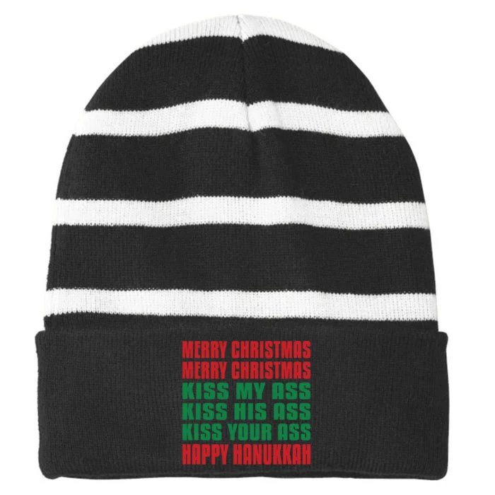 Merry Christmas Kiss My Ass Funny Hanukkah Striped Beanie with Solid Band