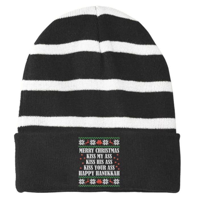 Merry Christmas K.iss My Ass His Ass Your Ass Happy Hanukkah Striped Beanie with Solid Band